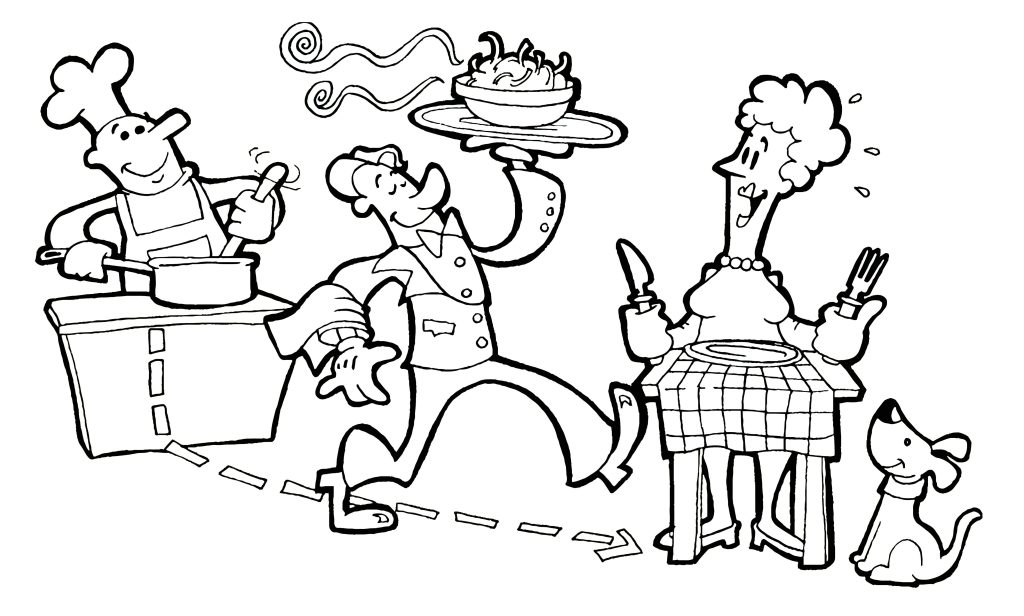 cartoon people and dog in restaurant