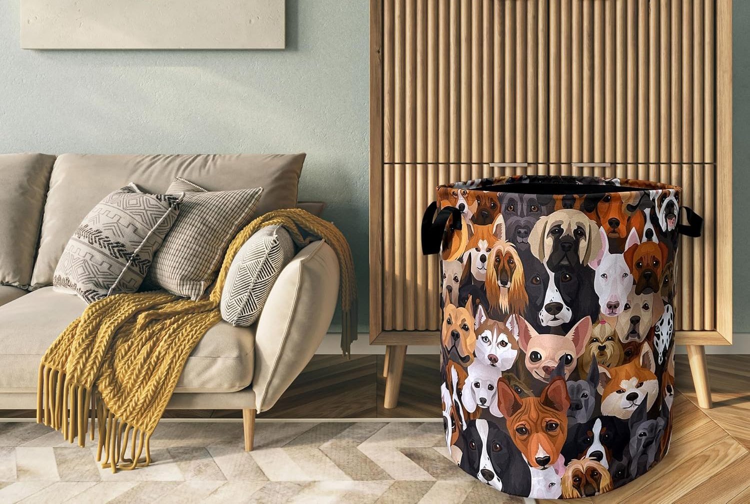 dog laundry basket in room