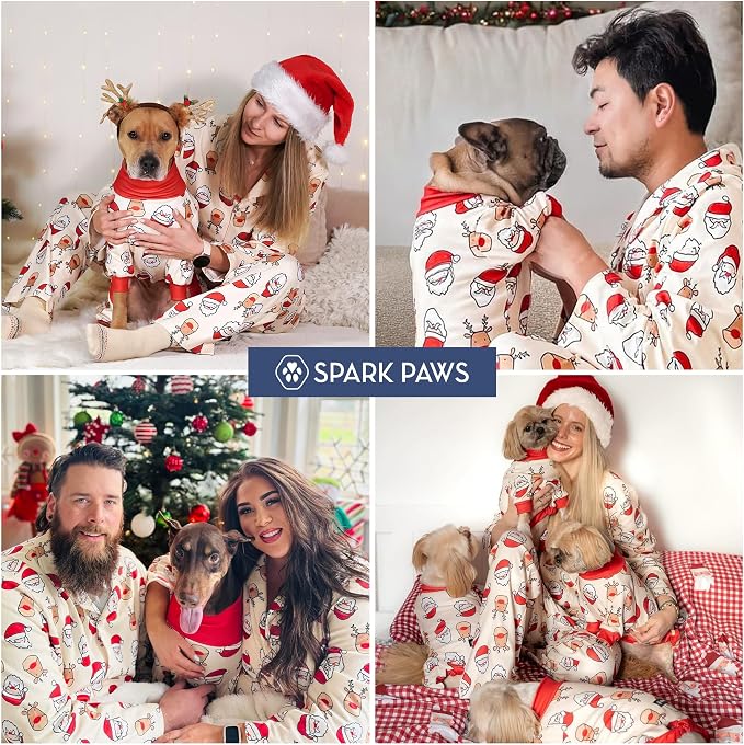 family and dogs wearing matching pajamas