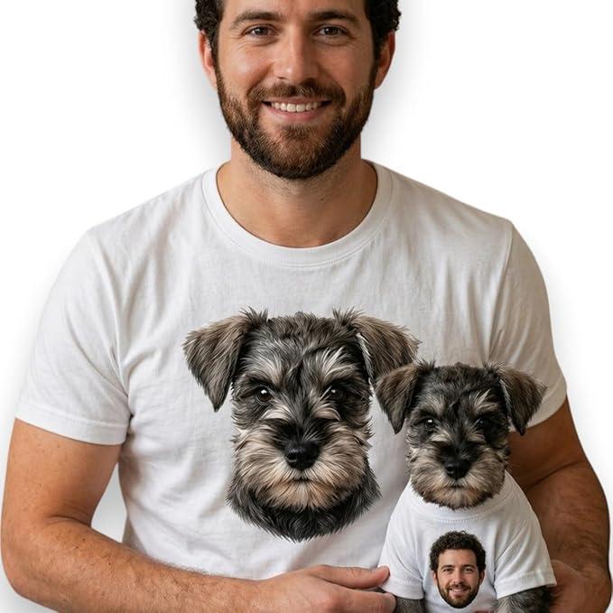 man and dog wearing matching t-shirts