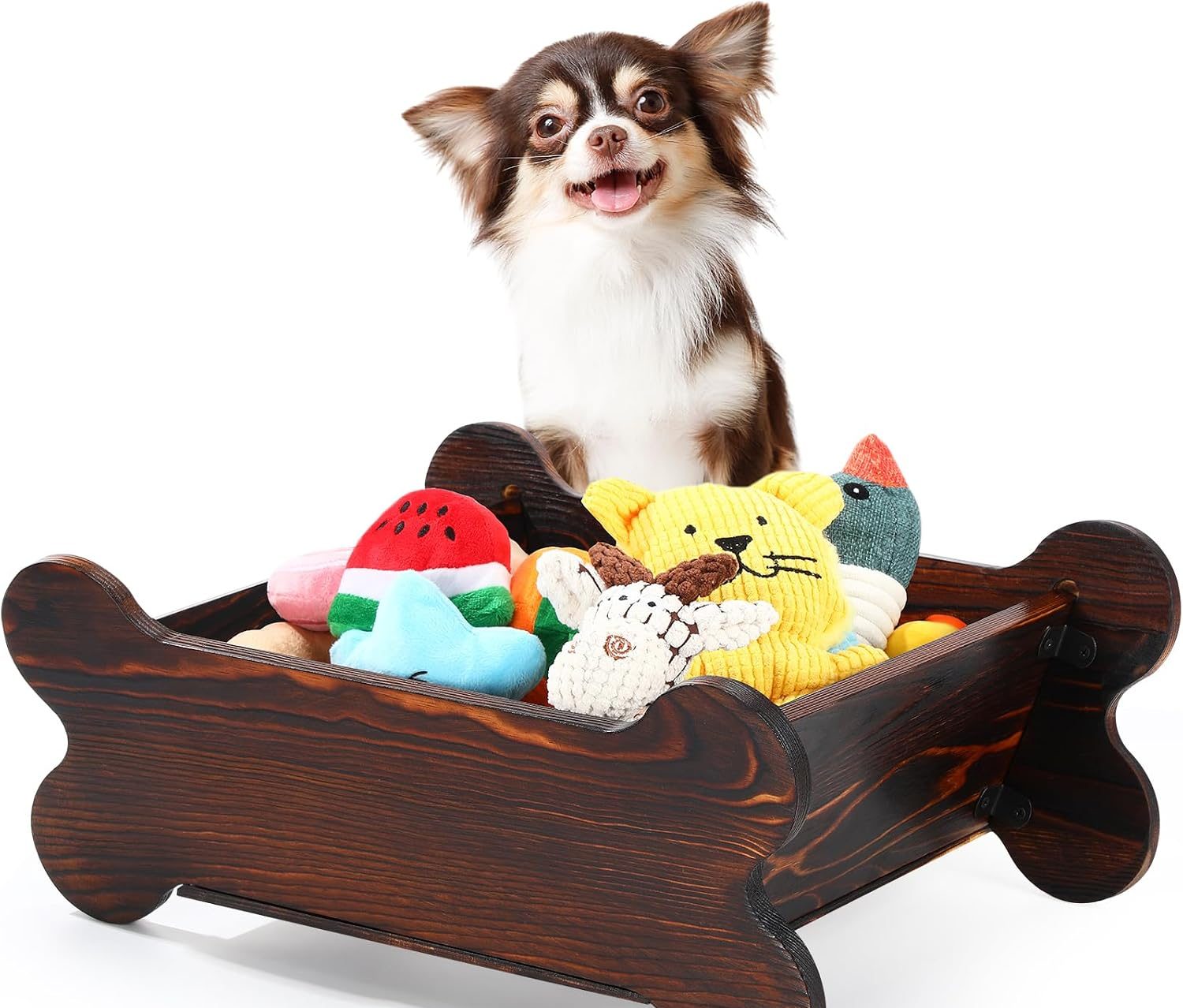 dog sitting on toy bin