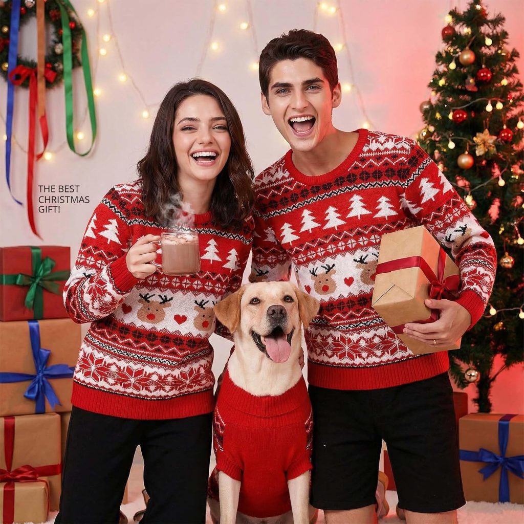 x-mas matching sweaters on woman, man, dog