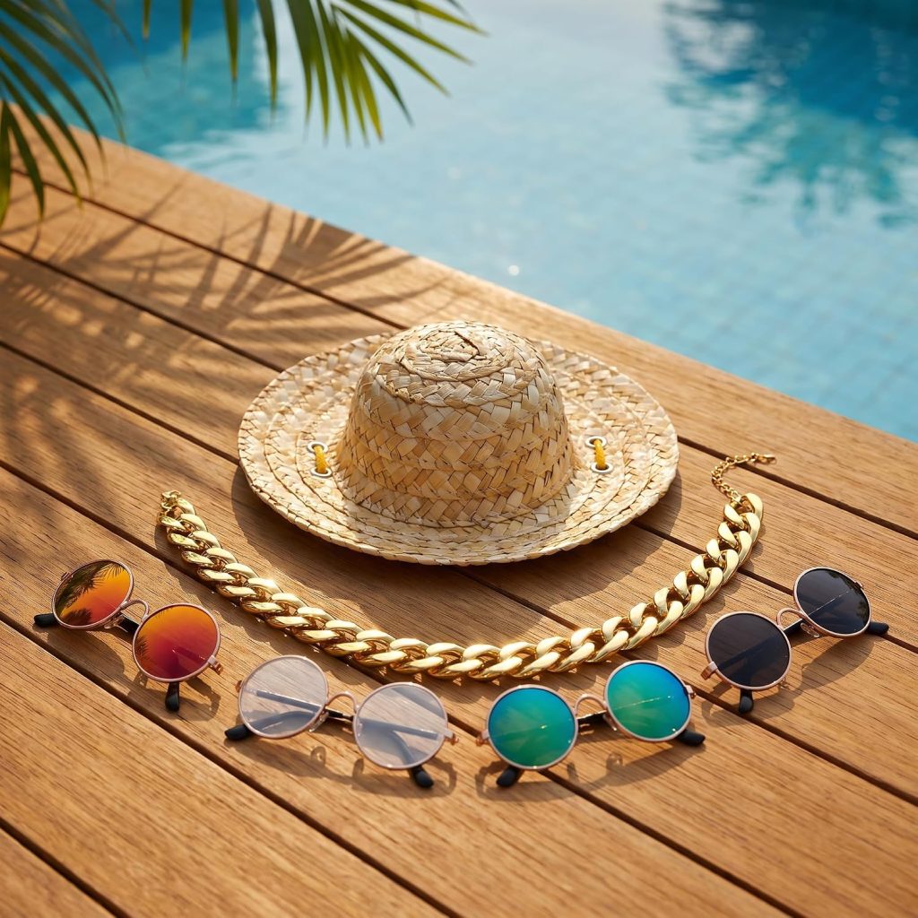 straw hat and sunglasses for dog
