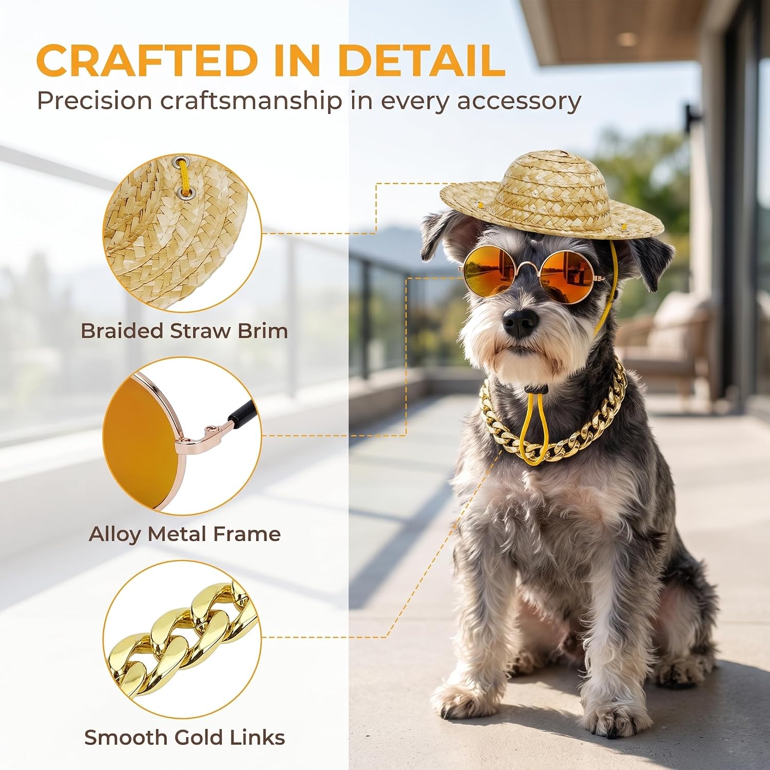 dog wearing straw hat and sunglasses