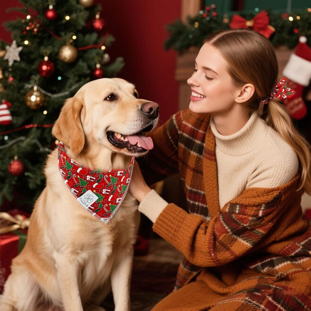 dog and woman wearing matching bandana and scrunchie