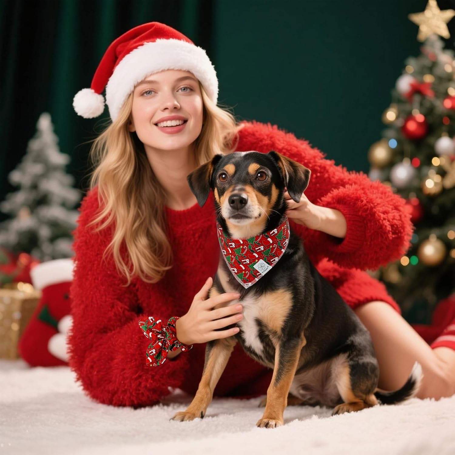 christmas dog bandana and matching scrunchie