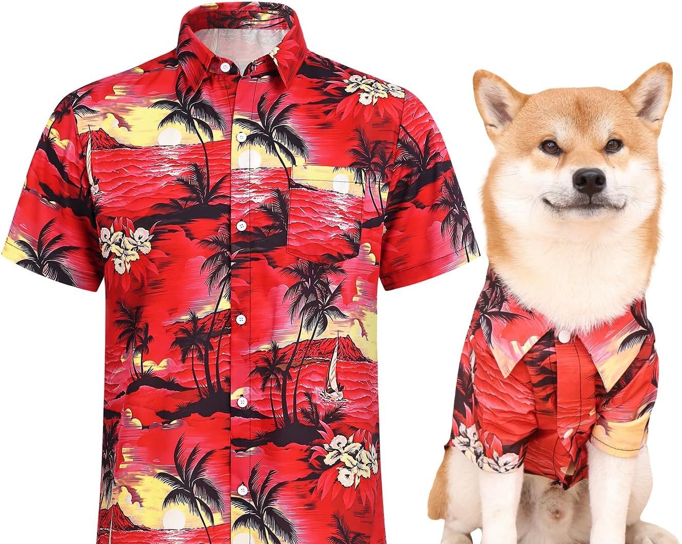 matching dog and owner red hawaiian shirts
