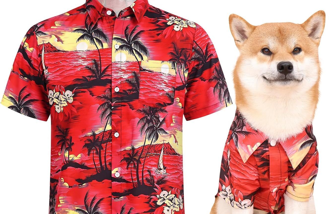 matching dog and owner red hawaiian shirts