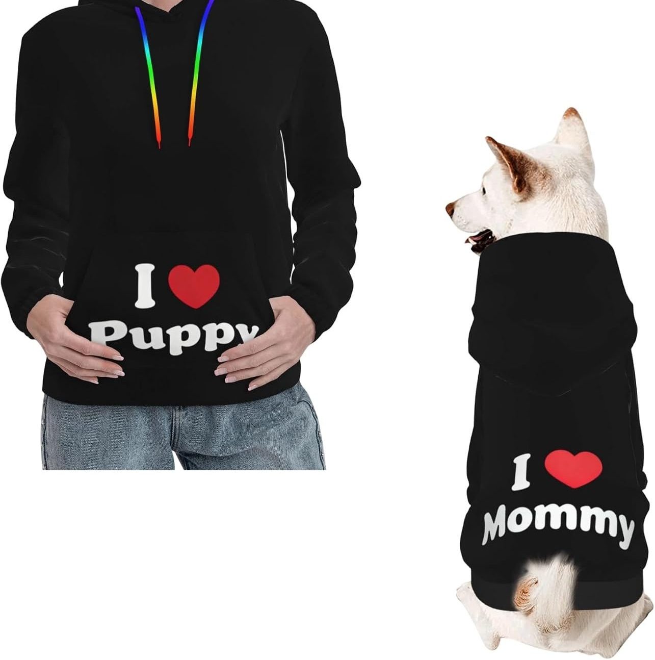 mom and dog wearing matching hoodies