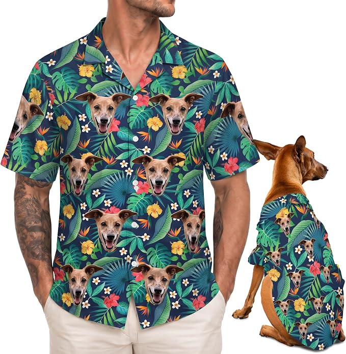 man and dog wearing matching photo shirts
