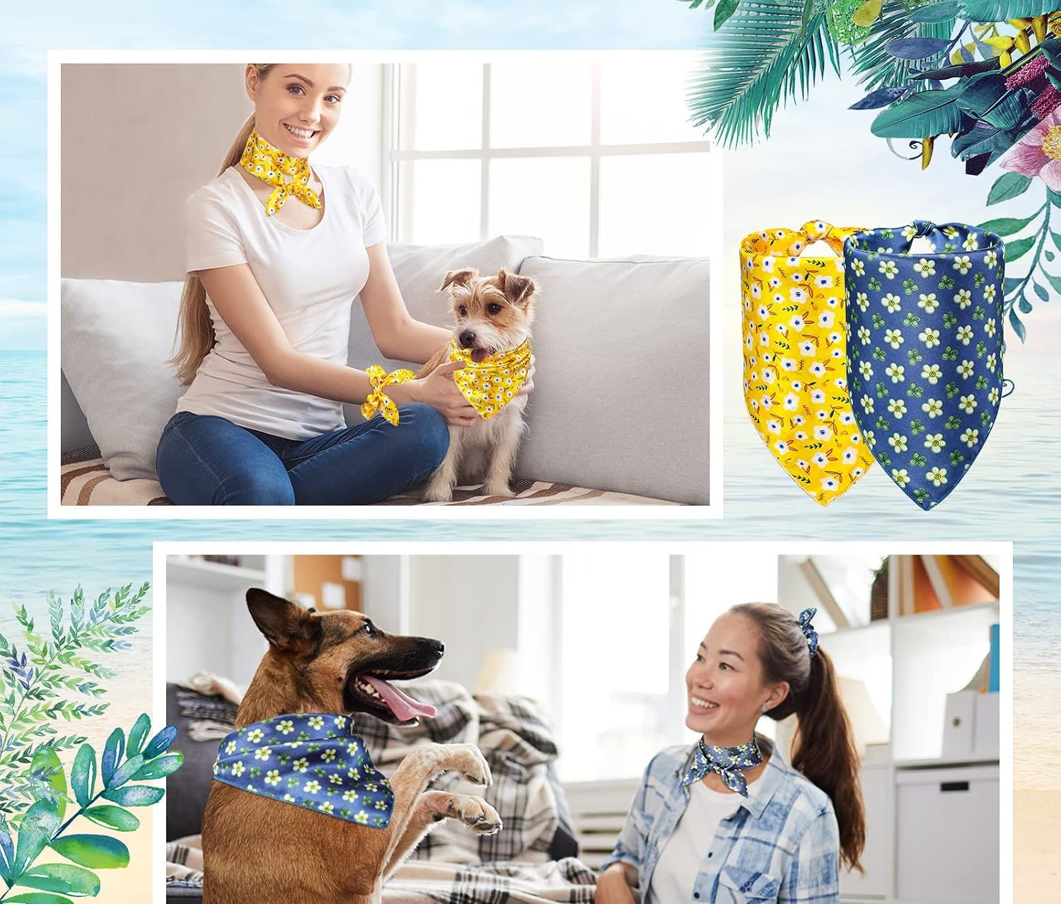 woman and dog wearing matching bandana and scrunchie