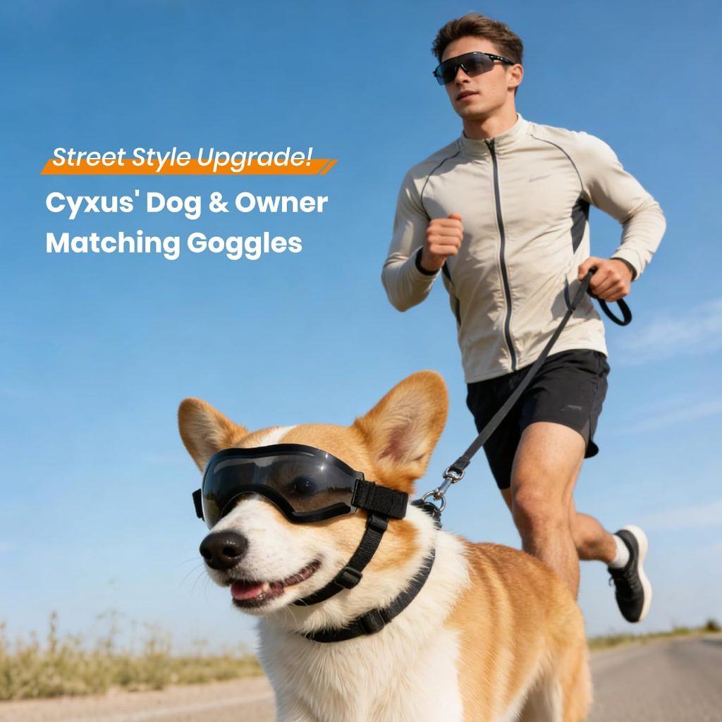 dog and man wearing matching goggles