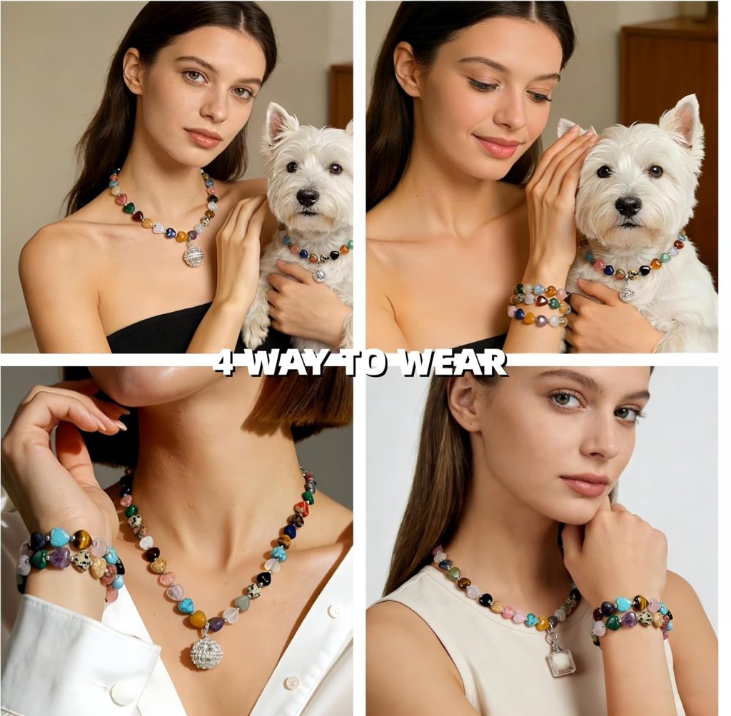 woman and dog wearing matching necklaces