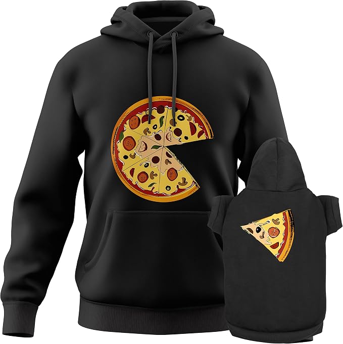 dog and owner wearing matching pizza hoodies