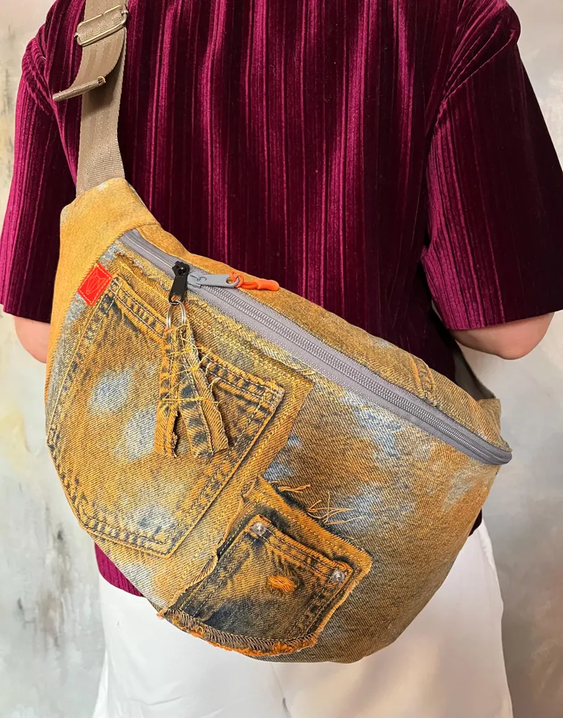 woman wearing orange fanny pack
