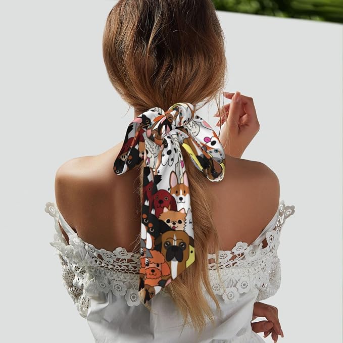 back of woman's head with dog-themed scarf in hair