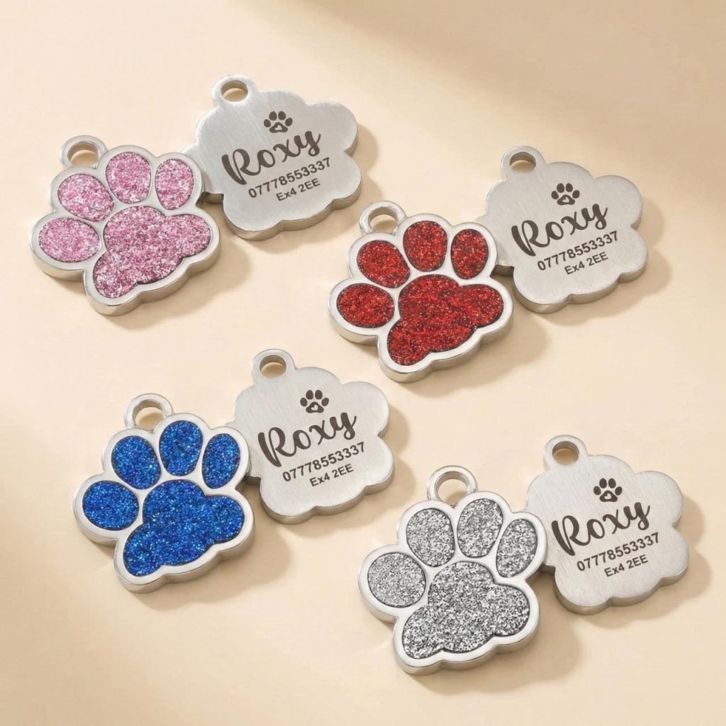 colorful dog id tags shaped like a dog paw