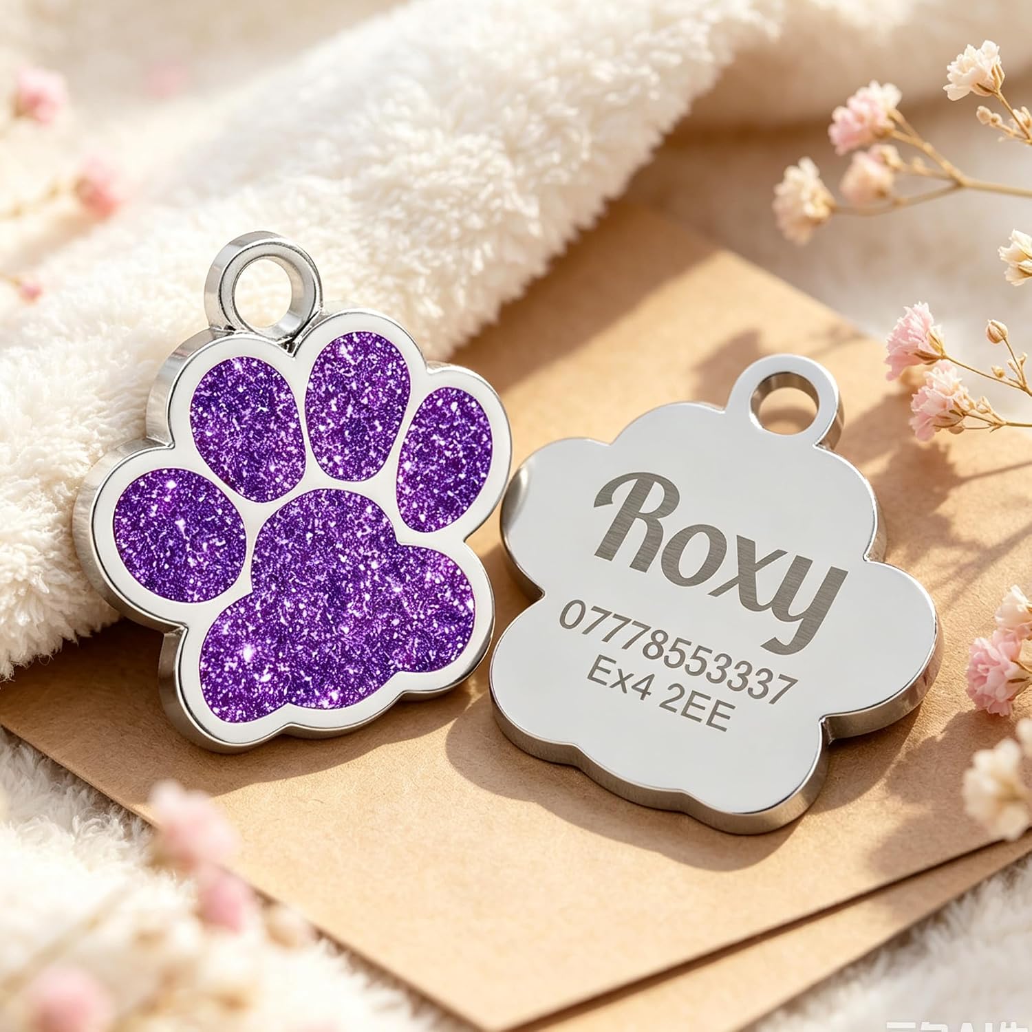 purple bling dog id tag