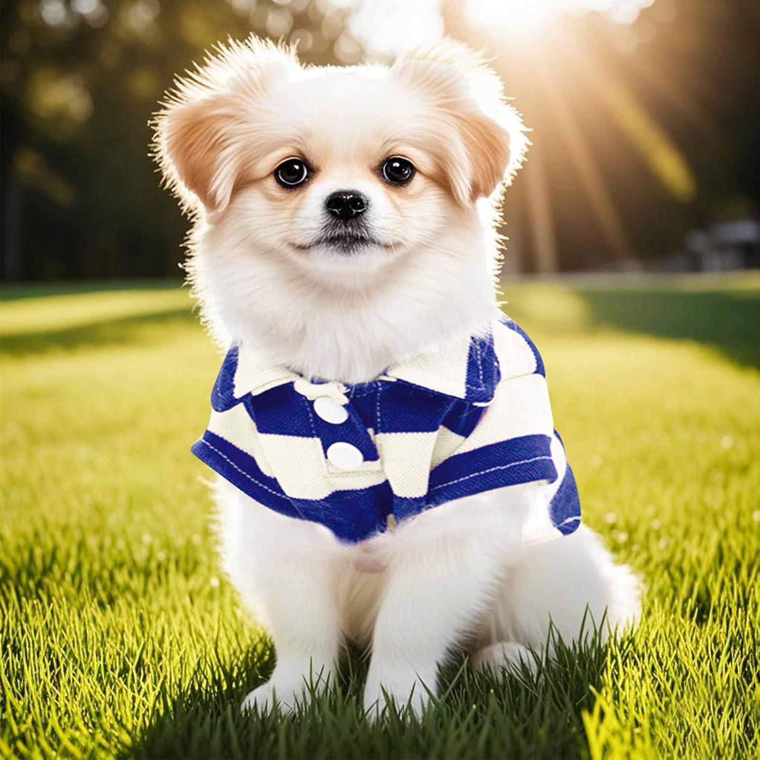white dog wearing striped blue shirt