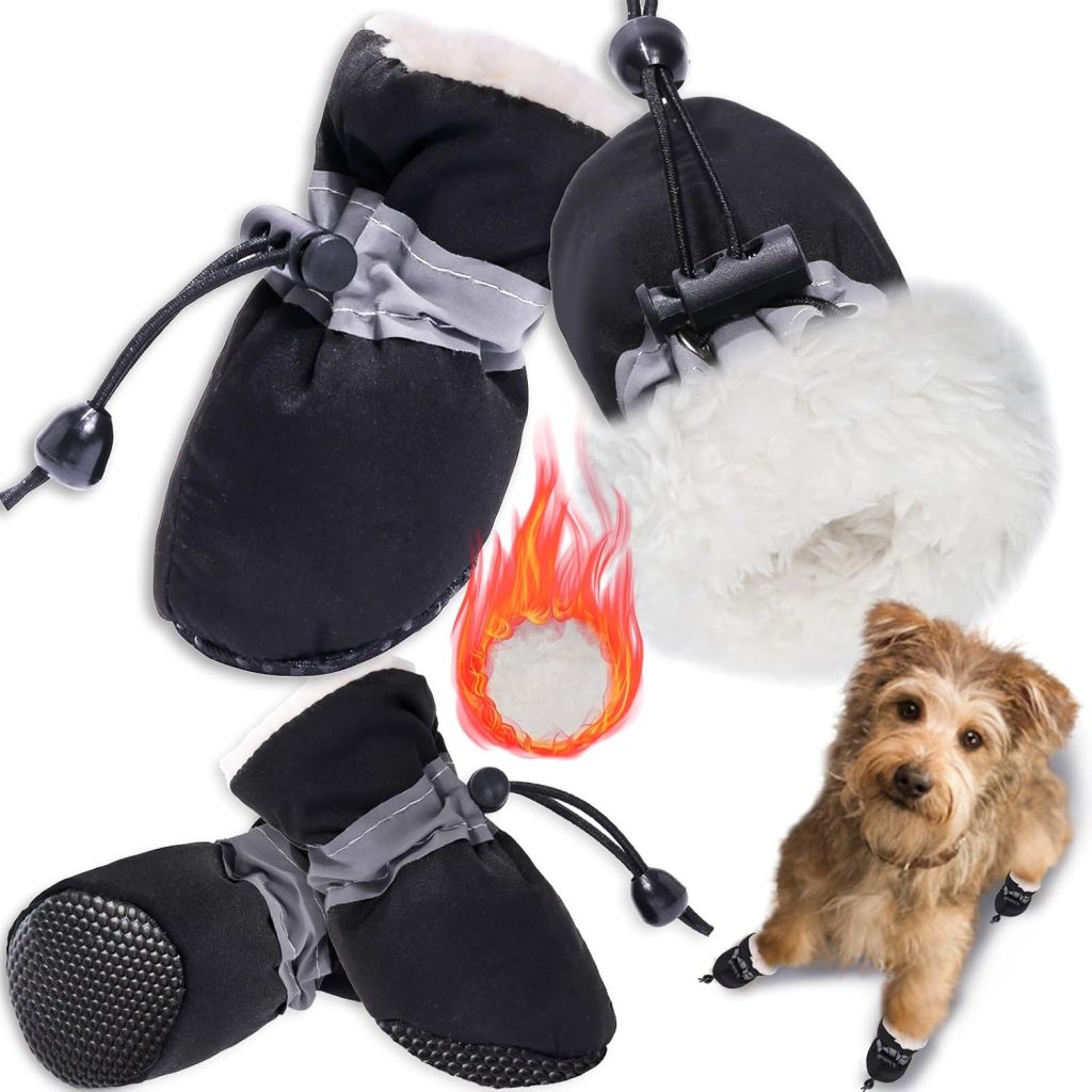 black dog boots with white fur inside