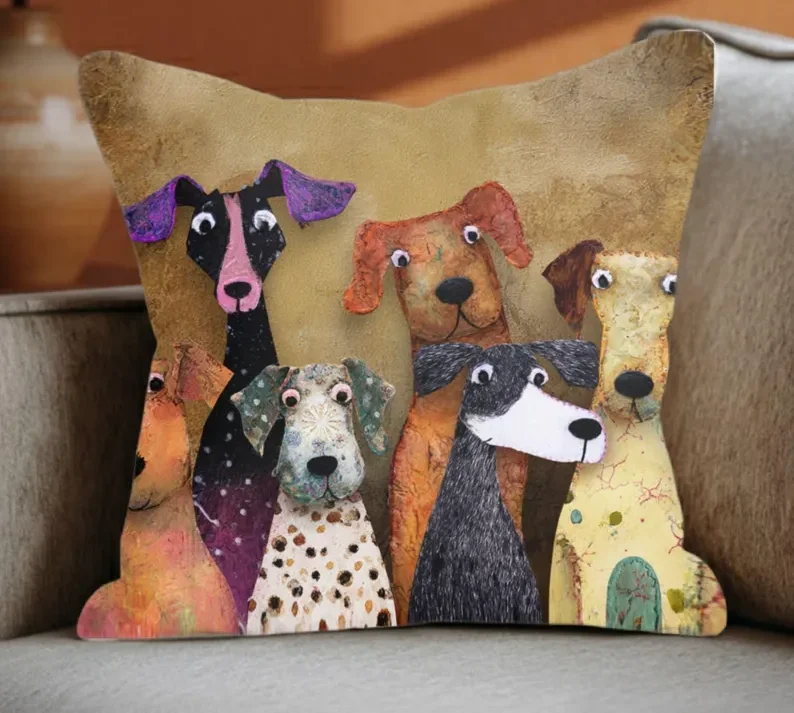 colorful pillow with dog faces
