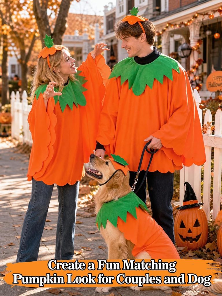 woman, man, dog wearing holiday pumpkin costumes