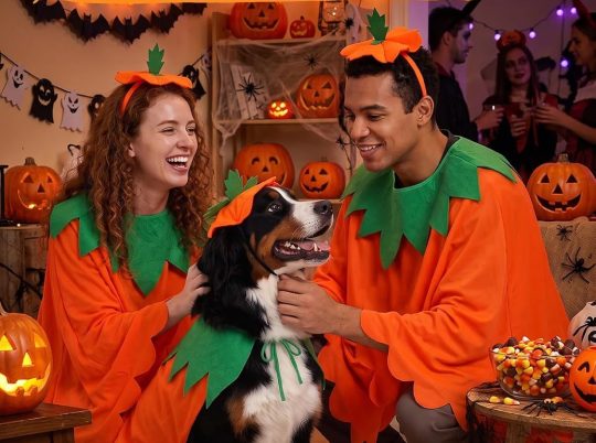 Cute Halloween Pumpkin Dog and Owner Matching Costumes