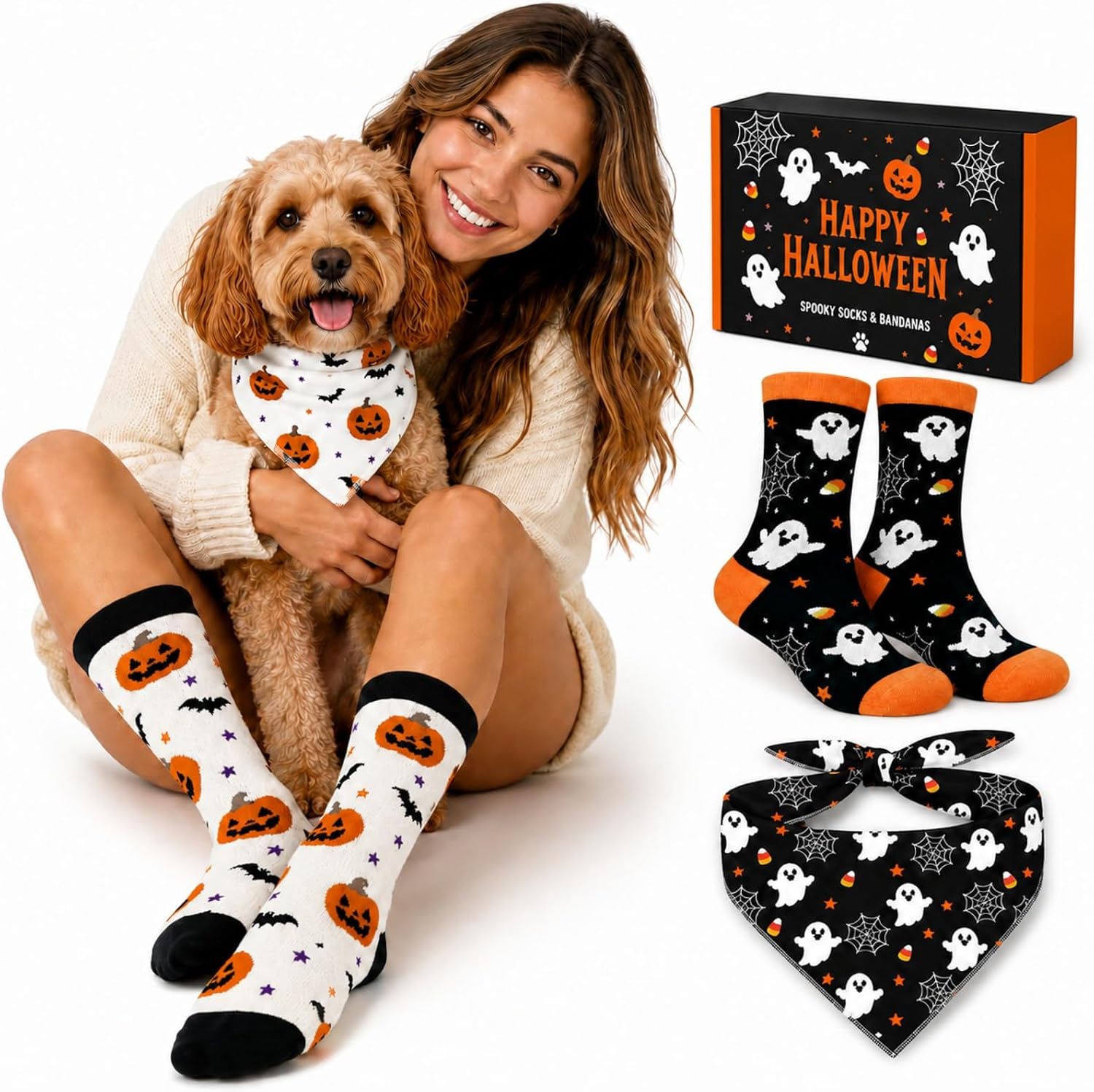 woman and dog wearing matching socks and bandana