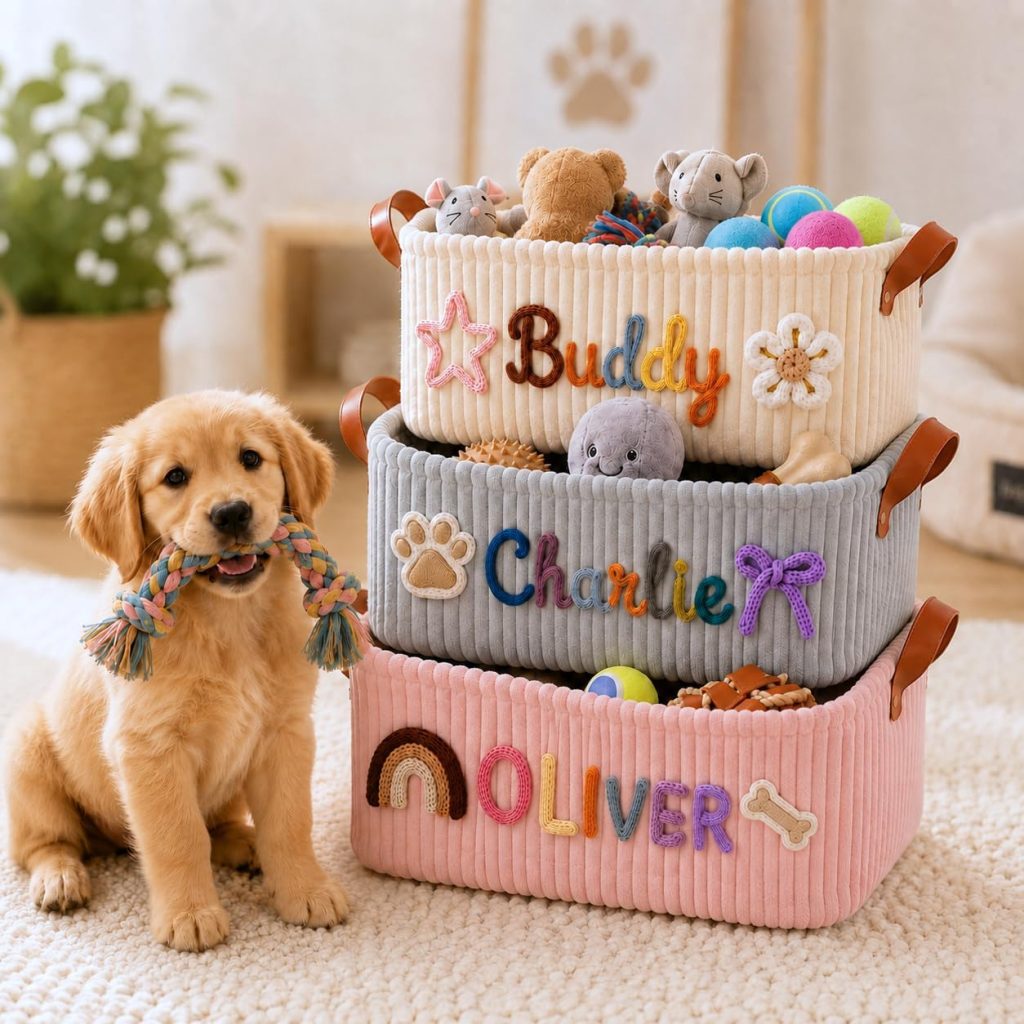 dog sitting in front of toy boxes