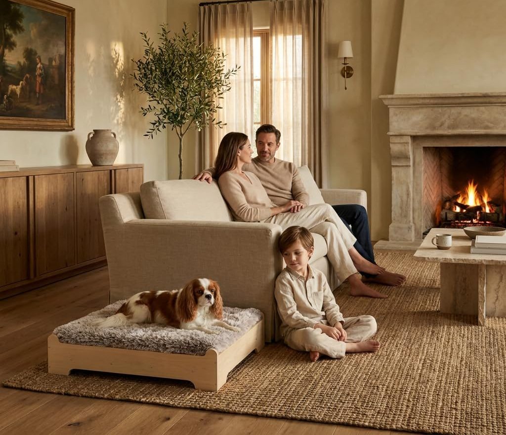family on couch and dog on dog bed
