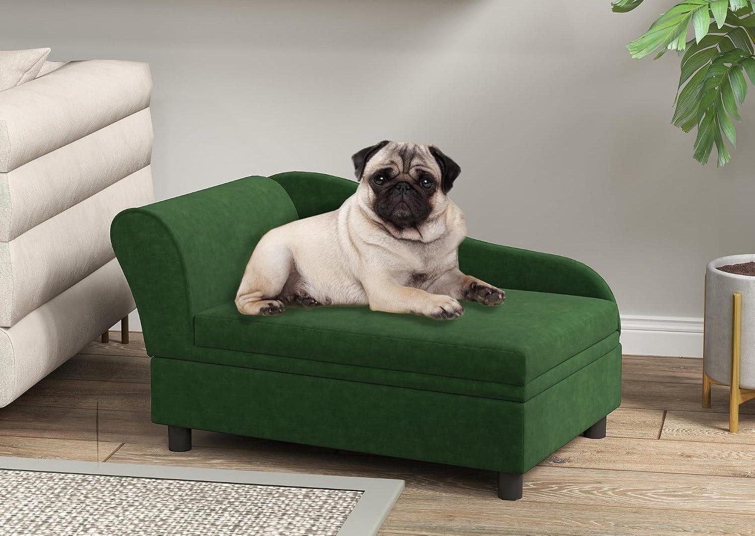 dog on green dog bed