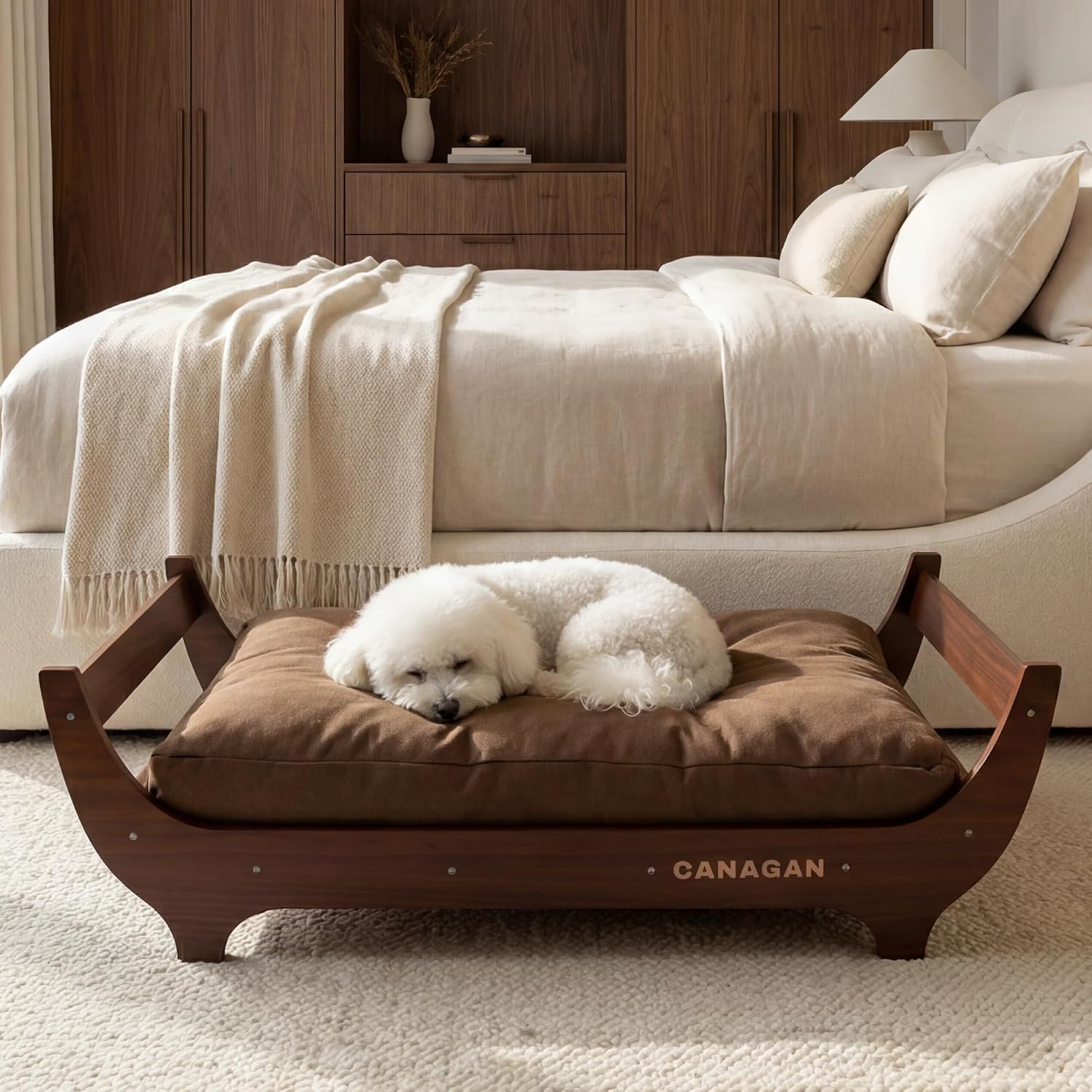 dog in brown dog bed