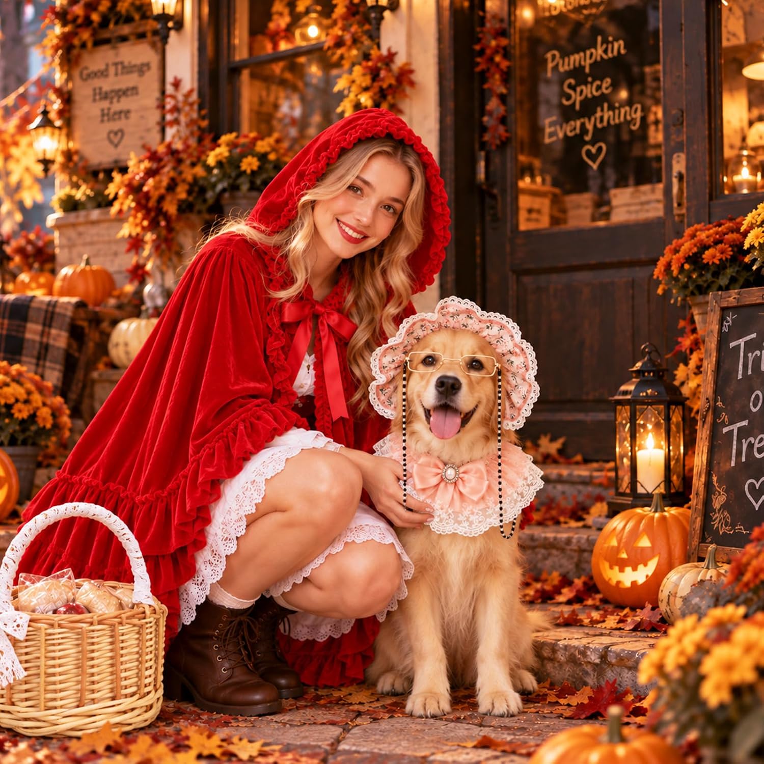 woman and dog dressed for halloween